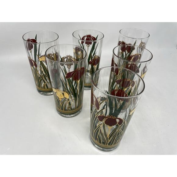 Vintage Culver Iris Glasses Set of 6 22k Gold Highball Christmas Tumblers RARE - Picture 2 of 4